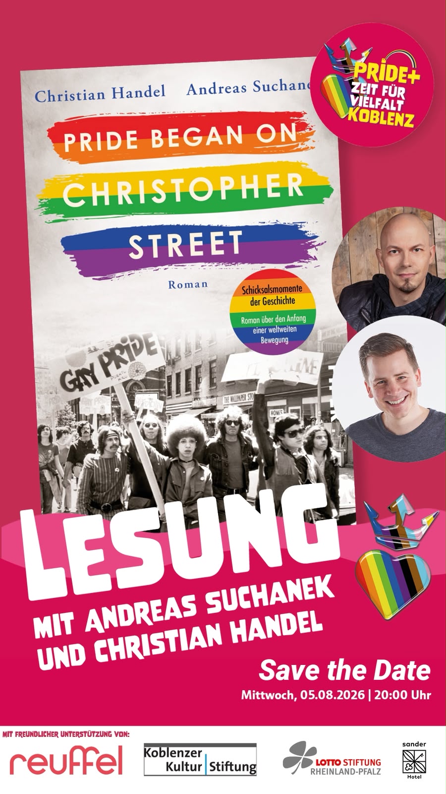 Plakat zur Lesung mit Andreas Suchanek und Christian Handel am Mittwoch, 5. August 2026, um 20 Uhr